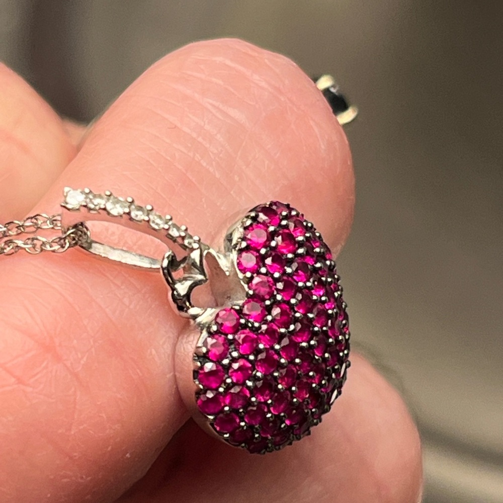 Solid 10K White Gold + Genuine Rubies & Diamonds 3D Heart pendant - Picture 4 of 10